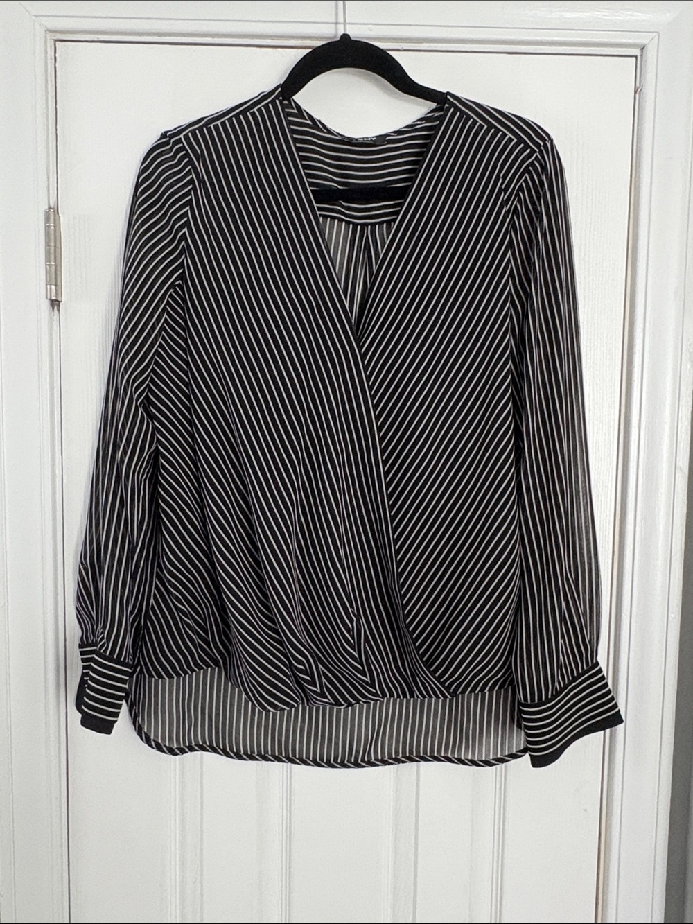 DKNY Black White Striped Wrap Front Blouse Long Sleeve High Low Pleated Top L